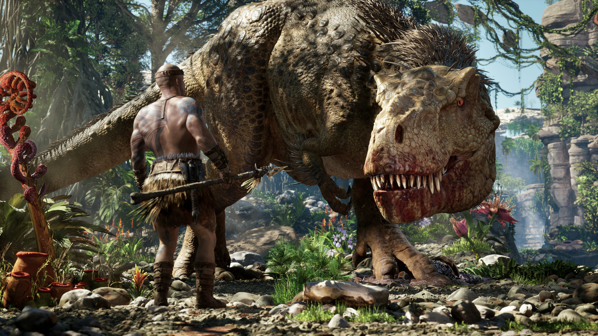 ARK 2 A primitive hunter rides a saddled dinosaur through a dense prehistoric jungle in ARK 2.
