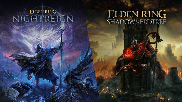 Elden Ring Nightreign Three players in heavy armor stand before a towering, glowing tree in the dark world of Elden Ring Nightreign.
