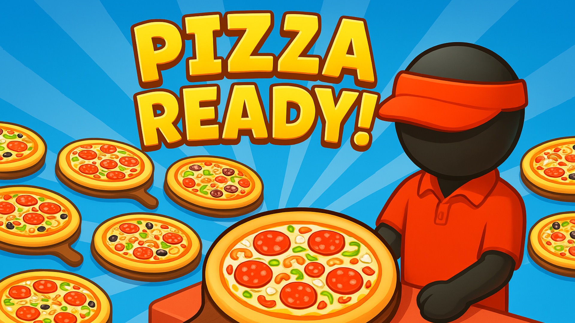 Pizza Ready! A character stacks multiple pizzas to serve a line of hungry customers in Pizza Ready!.