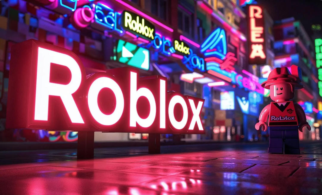 A vibrant futuristic Roblox plaza where diverse avatars gather